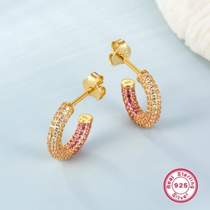 S925 sterling silver hoop earrings with 18K gold plating and pink gradient cubic zirconia