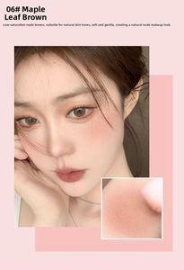 Detail of 06# Maple Brown blush with soft nude brown powder and makeup brush on model