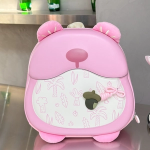 Pink cute bear backpack with a hard shell design and a lovely acorn zipper pendant