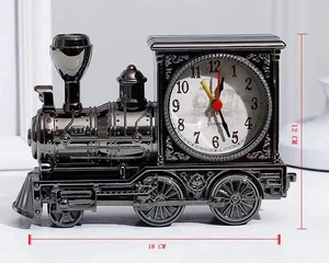 Detail view of retro steam locomotive alarm clock with 18cm length and quartz movement