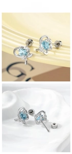 Macro detail of heart-shaped blue zircon studs with screw-back design for ear piercing