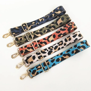 Adjustable leopard print bag straps with gold metal hooks in five vibrant color options