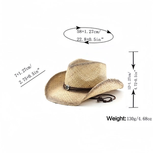 Dettaglio cappello cowboy in paglia beige con misure, fibbia a stella e trama intrecciata