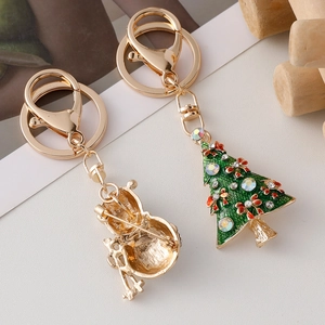 Cute Christmas tree and snowman metal keychain with green oil drip and sparkling crystals