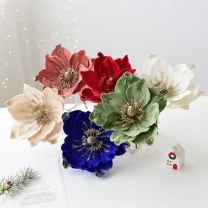 Elegant velvet 25cm artificial magnolia flowers with gold glitter for Christmas tree decor