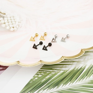 Three-color hollow triangle stainless steel stud earrings in gold silver and black