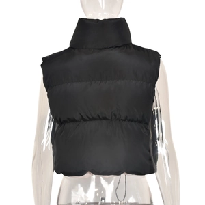 Back view of black stand-collar puffer vest with matte finish and thick padding