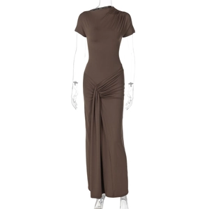 Detail of side ruching and knot drape on chocolate brown slim-fit short sleeve dress