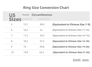 Size chart showing diameter and perimeter for stainless steel rings in US sizes 5 to 10