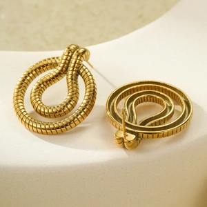 Modern 18K gold plated stainless steel stud earrings with spiral stripe texture and hoops