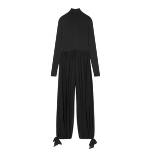 Combinaison À Col Montant Manches Longues Mélange Élasthanne Plissé Jambe Large Noeud Cheville Élégante Noir Femmes