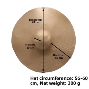 Detailed size specifications for a 25cm wide brim khaki straw hat with woven texture