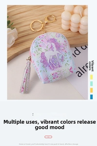 Detailed view of unicorn mini backpack coin purse with golden keychain and tassel zipper