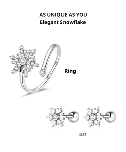 Macro detail of S925 sterling silver snowflake ring and earring set with zircon stones