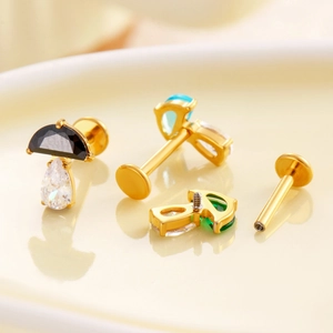 F136 titanium gold stud set with colorful teardrop zirconia and mushroom cartilage barbells