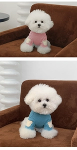 Detail of pink and blue dog sweaters with heart-shaped elbow patches on soft fabric