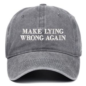Detail of white Make Lying Wrong Again embroidery on washed dark grey baseball cap