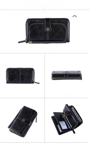 Viste dettagliate multi-angolo del portafoglio lungo vintage nero RFID da donna con girasole