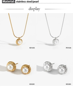Detail display of stainless steel and pearl jewelry set with grid pattern pendants