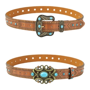 Vintage style brown leather belt with turquoise inlay and bronze stud rivets