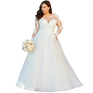 Elegant plus size A-line wedding dress with lace long sleeves and a deep V-neckline
