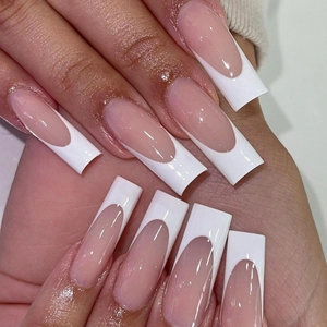 Extra long white French tip square press-on nails with glossy pink base for women