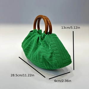 Detailed size specifications for green pleated evening bag with retro wooden handle