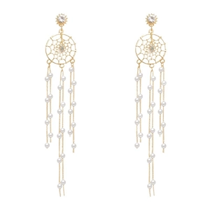Elegant S925 silver needle long fringe earrings with sunburst rhinestones and pearls