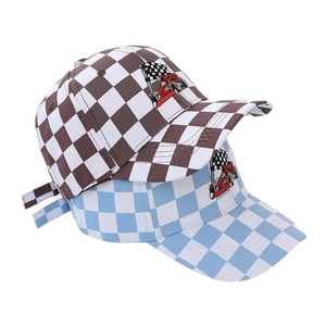 Checkered kids baseball cap with racing car embroidery in brown and blue colors