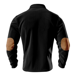 Flat lay of black corduroy shirt back showing brown elbow patches on a white background