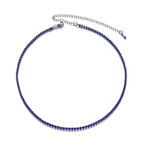 Detail of deep blue rhinestone necklace with silver extension chain and lobster clasp