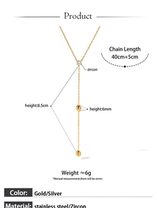 Detailed sizing diagram of a stainless steel Y-shaped necklace with zircon drop pendant