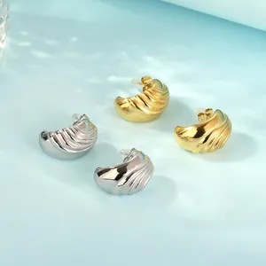 Vintage Chunky Hoop Stud Earrings Stainless Steel Irregular Spiral Texture Wave Shell Design French Retro For Women