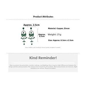 Detail view of emerald green zircon tassel earrings with dimensions 8.5cm and 21g weight