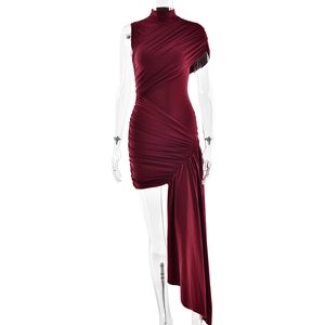 Slim fit burgundy one shoulder dress with irregular hem and elegant ruffles