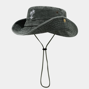 Bucket Hat Washed Cotton Coconut Tree Embroidery Outdoor Hiking Sun Protection Wide Brim Adjustable Packable For Men Women
