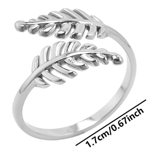 Detail of silver leaf ring featuring a polished stainless steel adjustable band and size info