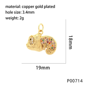 Macro view of copper gold plated chameleon pendant with multi-color zircon inlay
