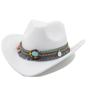 Chapeau de cowboy en laine blanche avec pierre turquoise et ruban ethnique à franges