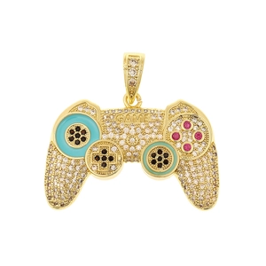 Luxury gold game controller pendant with colorful crystals and GAME engraving on white background