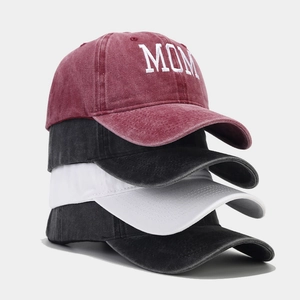 Vintage washed cotton baseball caps with MOM embroidery in multiple colors stack