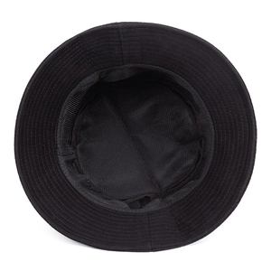 Detailed interior view of a black canvas bucket hat with reinforced stitching and lining