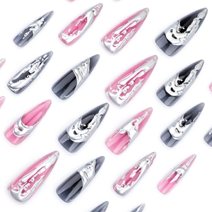 Long stiletto press-on nails with 3D liquid silver chrome patterns on a sheer pink base