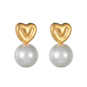 Elegant gold heart stud earrings with white pearl drops for women's jewelry