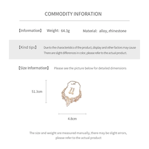 Detailed dimension guide for rhinestone teardrop necklace and earrings set in alloy