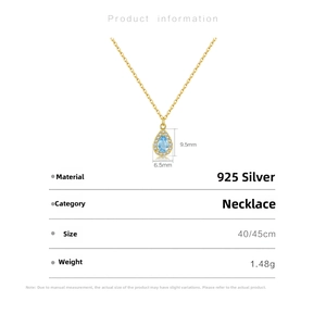 Detailed view of S925 silver necklace with blue zircon teardrop pendant and sizing specs