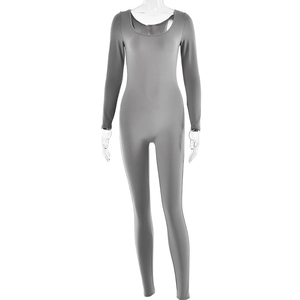 Front view of grey high-stretch long sleeve bodysuit with U-neck on clear mannequin