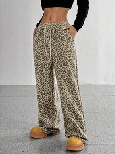 Women's leopard print wide-leg pants with high waist drawstring and a relaxed casual fit