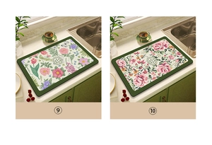 Detailed close-up of floral absorbent kitchen mats with elegant vintage-style labels
