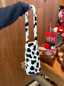 Plush Cow Print Water Bottle Bag Handheld Checkerboard Bucket Handbag Autumn Winter Faux Fur Phone Pouch For Women
